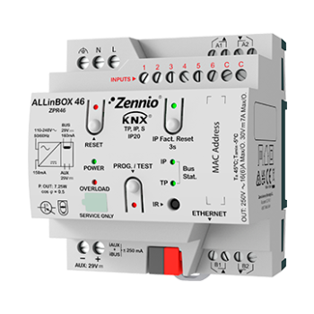 ALLinBOX 46 | Multifunction device with KNX power supply, KNX-IP Interface, 4 outputs/6 inputs and logic module