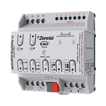 MAXinBOX Hospitality v3 | Fan coil controller for 2/4-pipe unit with 2 16A C-load outputs and 6 a/d inputs with KNX Secure